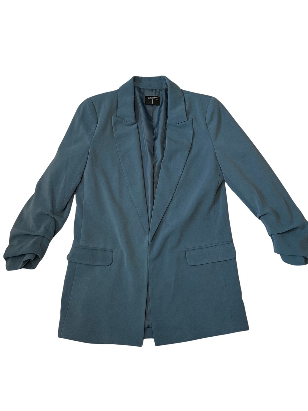 Tahari T Women’s Small Slate Blue Ruched Sleeve Open Front Blazer Jacket Office - Picture 2 of 8